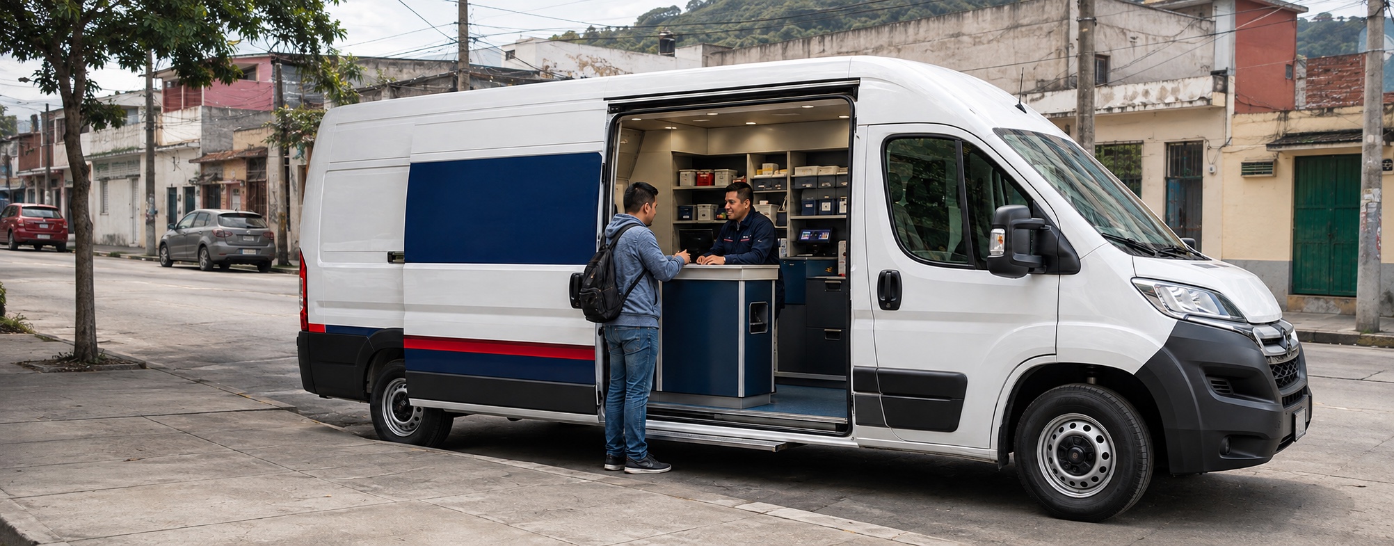 Vehículo panel adaptado atendiendo a un cliente en una calle comercial de Guatemala